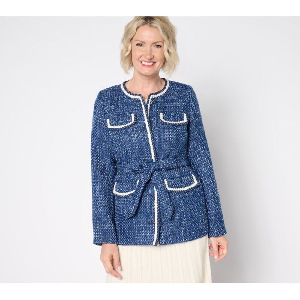 Isaac Mizrahi Live! Women's Petite Jacket PL Woven Tweed Self Tie Blue